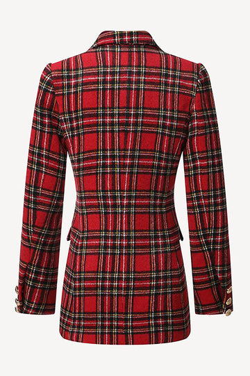 Red Plaid Tweed Blazer de doble pecho para mujer
